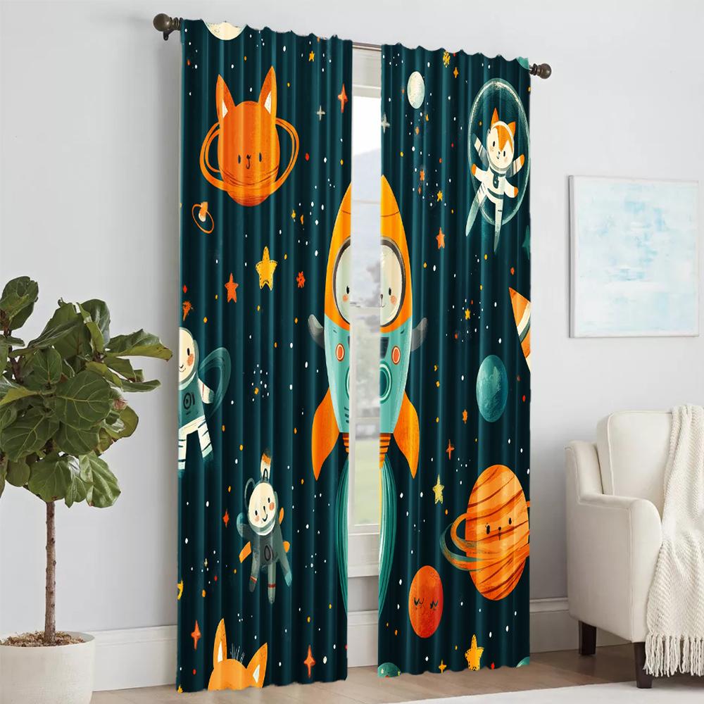Set Of 2 Versatile Polyester Transparent Curtains Home Decoration Cartoon Spaceman Outer Planet Use Bedrooms Living Curtain Perfect For Bedroom Decor