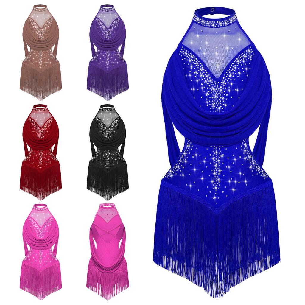 Girls Latin Dance Leotard Ruched Mesh Drapes with Glittery Rhinestones Tassel Cutout Costume
