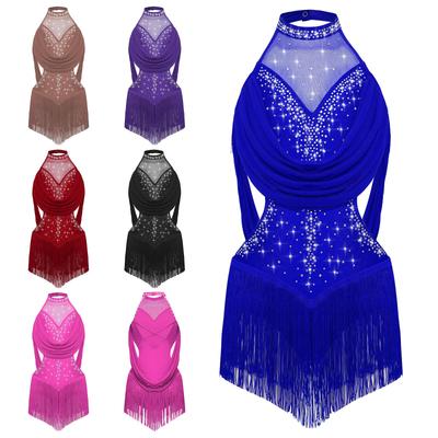 Dievčenský latinskoamerický tanečný dres s nariasenou sieťovinou, drapériou, trblietavými kamienkami, strapcami a výrezmi