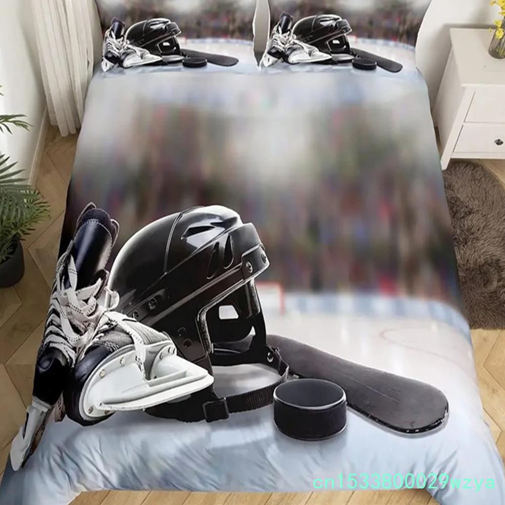 Ice Hockey Duvet Cover Set Full Queen Size Geometric Check Patchwork Stylish Bedding Set Athlete Winter Sports Comforter Covers