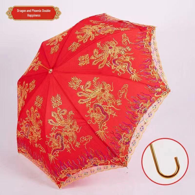 Eleganter roter Brautschirm mit gestickter Spitzkante und langem Griff für Hochzeiten