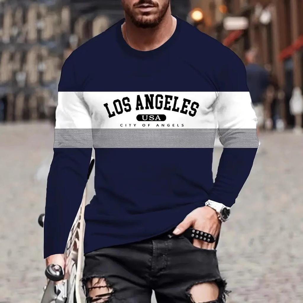 3D City Name Printed Top Fashionable Casual Long Sleeved Men's T-shirts - Soft Medium Stretch Polyester Fabric Spring and Autumn Relaxed Fit Clothing