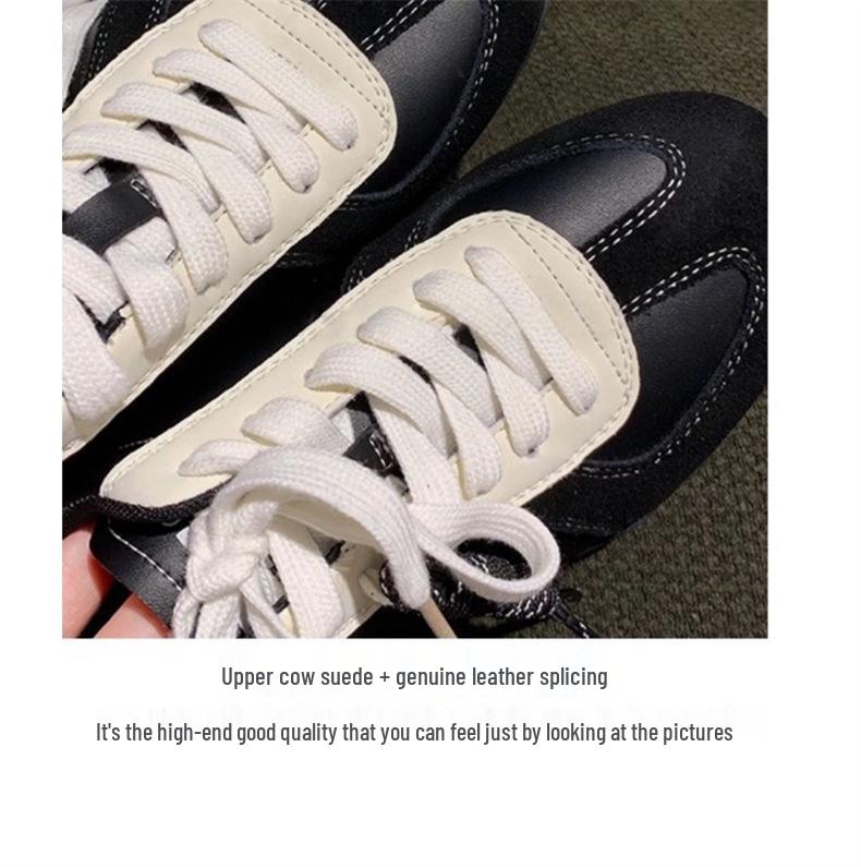 Women's Comfortable Genuine Leather Lace-Up Color Block Round Toe Height-Increasing Casual Sneakers