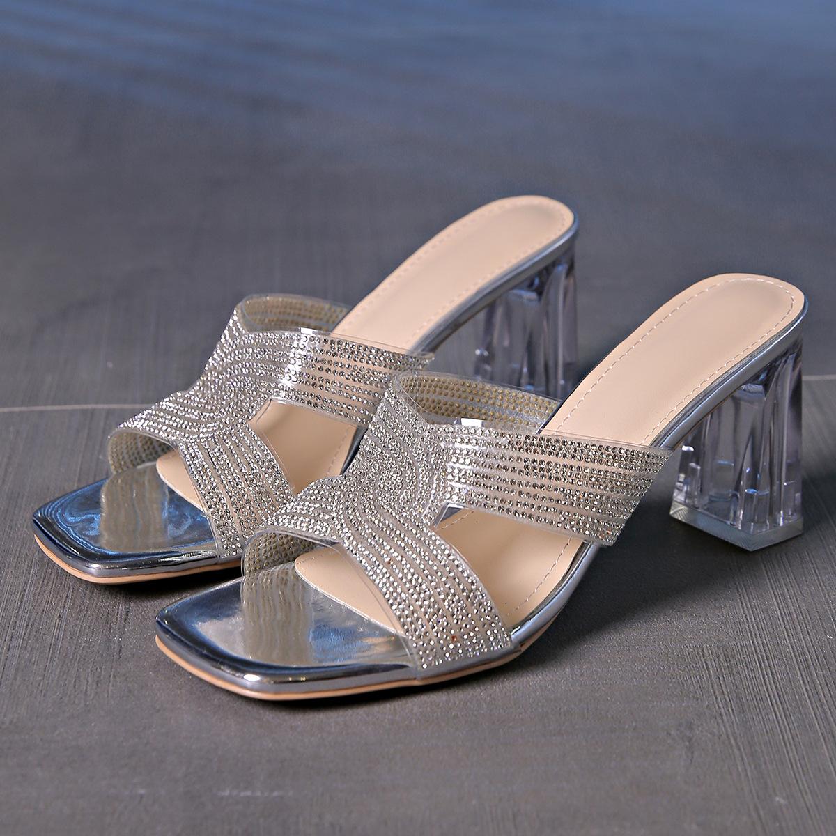 

Rhinestone outer wear ins high heel one-word drag women 2024 summer new models go out waterproof table thick heel temperament one-word drag 35 серебряный