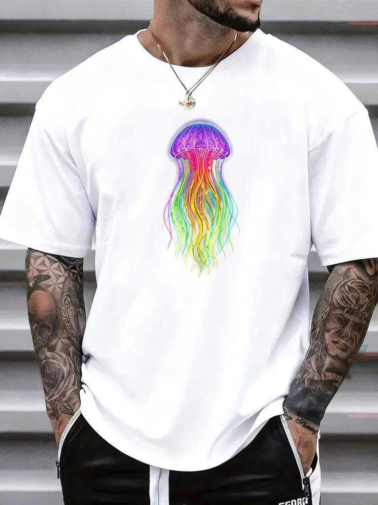 Unisex Black Crew Neck Tee Rainbow Jellyfish Print Oversized Short Sleeve Unisexs Summer Streetwear Casual Daily Basic Wear Top