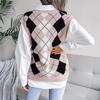 Women Spring Fall Knitted Vest Sweater Jumper Pullovers Top V-neck Sleeveless Diamond Patchwork Stitching S-L