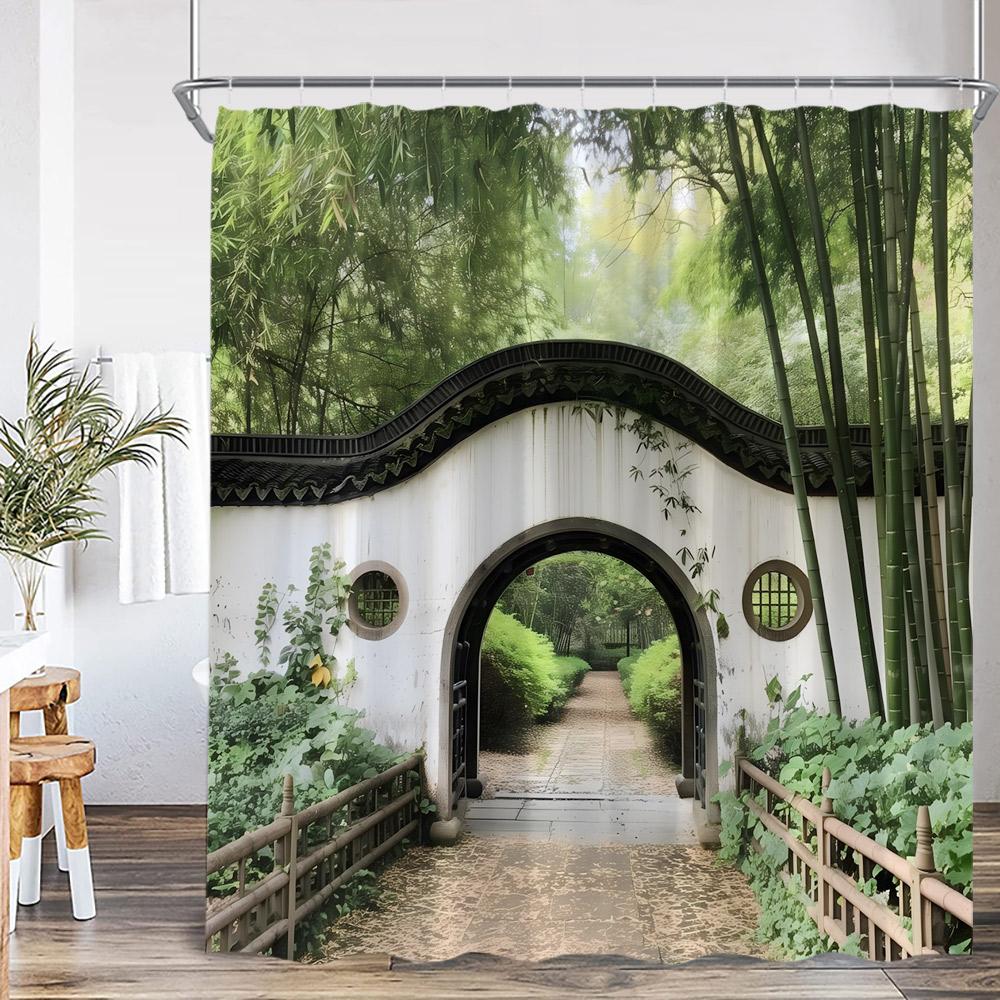 Chinese Courtyard Shower Curtain Arch Door Green Tree Bamboo Yard Path Garden Classical Bathroom Decor Bath Curtain with Hook