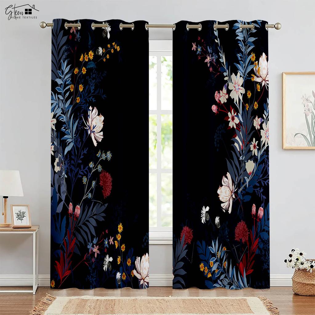 Beautiful Flower 3D Printed Drapes Chinese Style Ink Peony Rose Bed Room Family Room Study Rod Pocket Design Decorative Curtains