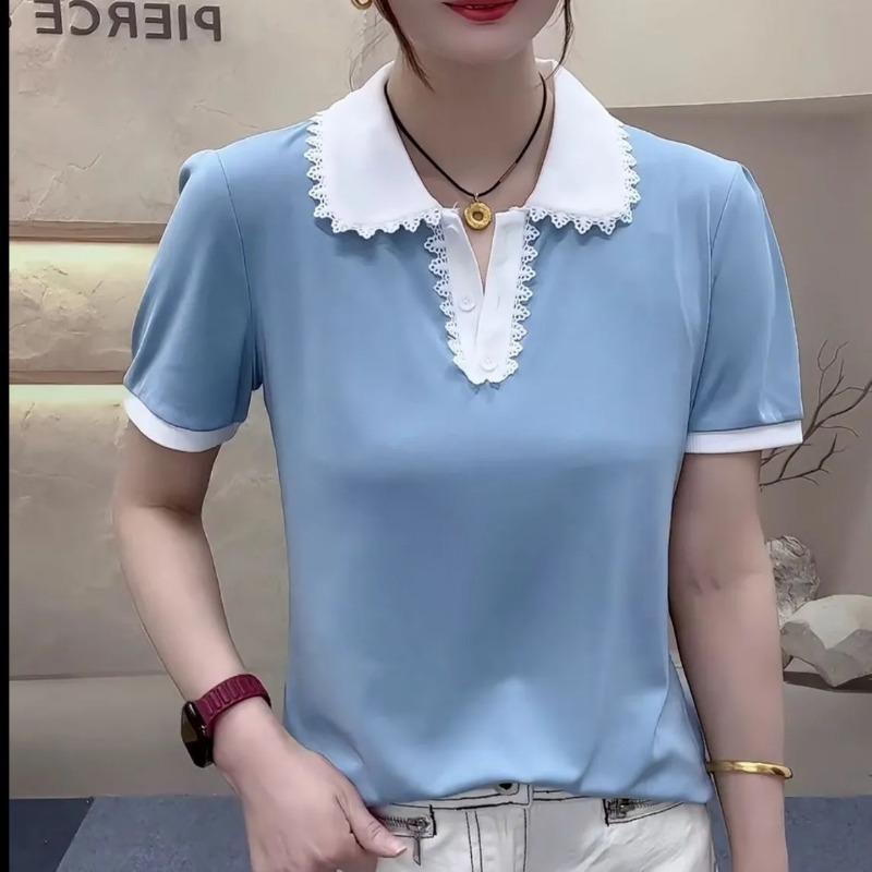 Summer Women's Striped T Shirt Lace Trim Polo Collar Short Sleeve Slim Fit Casual Tops