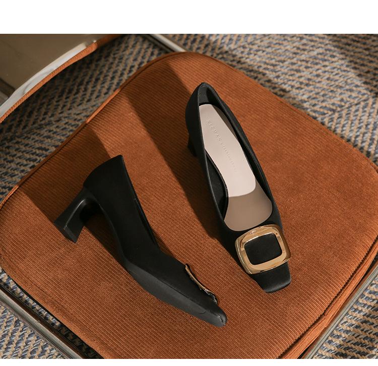 76055B Fashion Classic Square Head Thick Heel Women's Single Shoes High Sense Sexy Versatile Square Buckle Women's Single Shoes