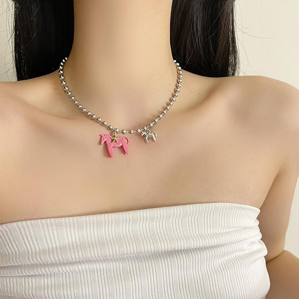 Cute Enamel Pony Pendant Necklace Trendy Blogger Inspired Jewelry Gift Sweet Style Layering Chain For Women