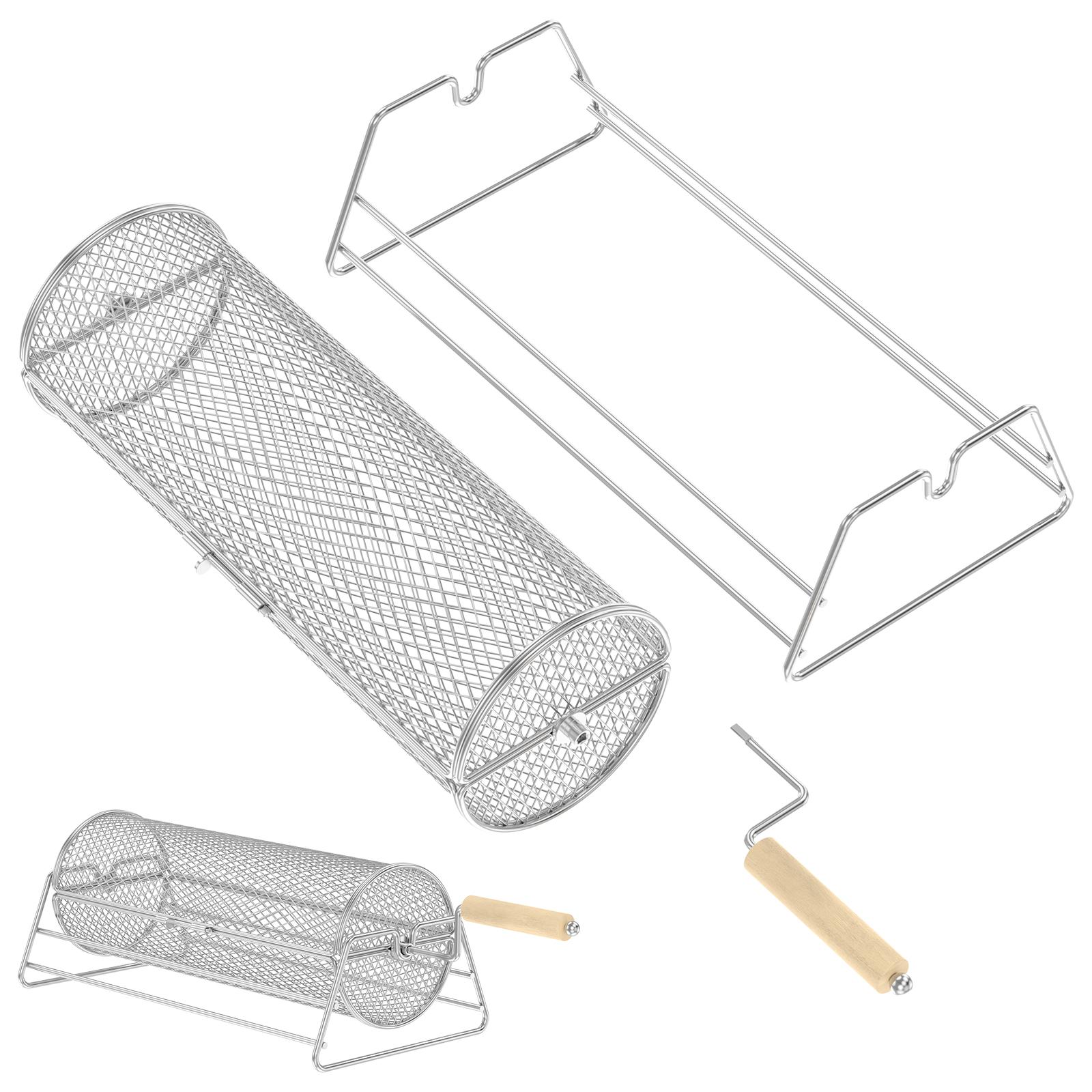 1Set Rolling Grill Basket Stainless Steel BBQ Basket with Removable Wooden Handle Stainless Steel Grill Basket for Outdoor Grill