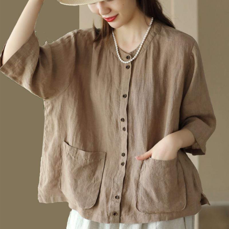 

Рубашки женские с круглым воротником из хлопка и льна, свободные, с рукавом три четверти, в китайском стиле, винтажные, темпераментные, однотонные, простые, для отдыха, летние M хаки