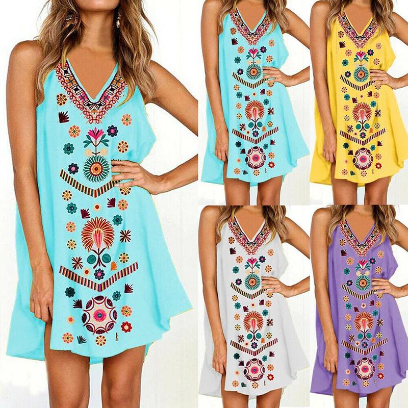 Womens Midi Dress Sleeveless Boho Beach Casual Floral Sundress Perfect For Summer