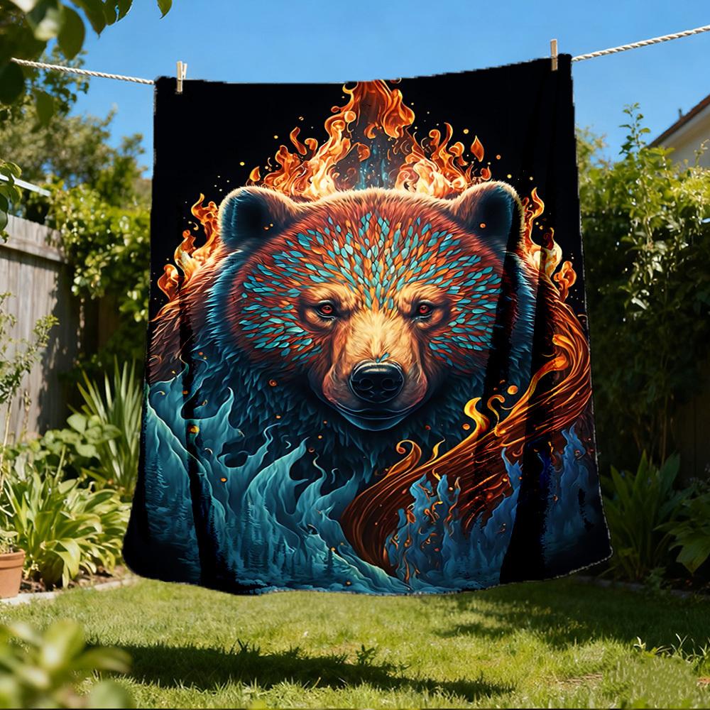 1pc Fire Bear Print Print Outdoor Blanket, Lightweight Polyester, 80x120cm