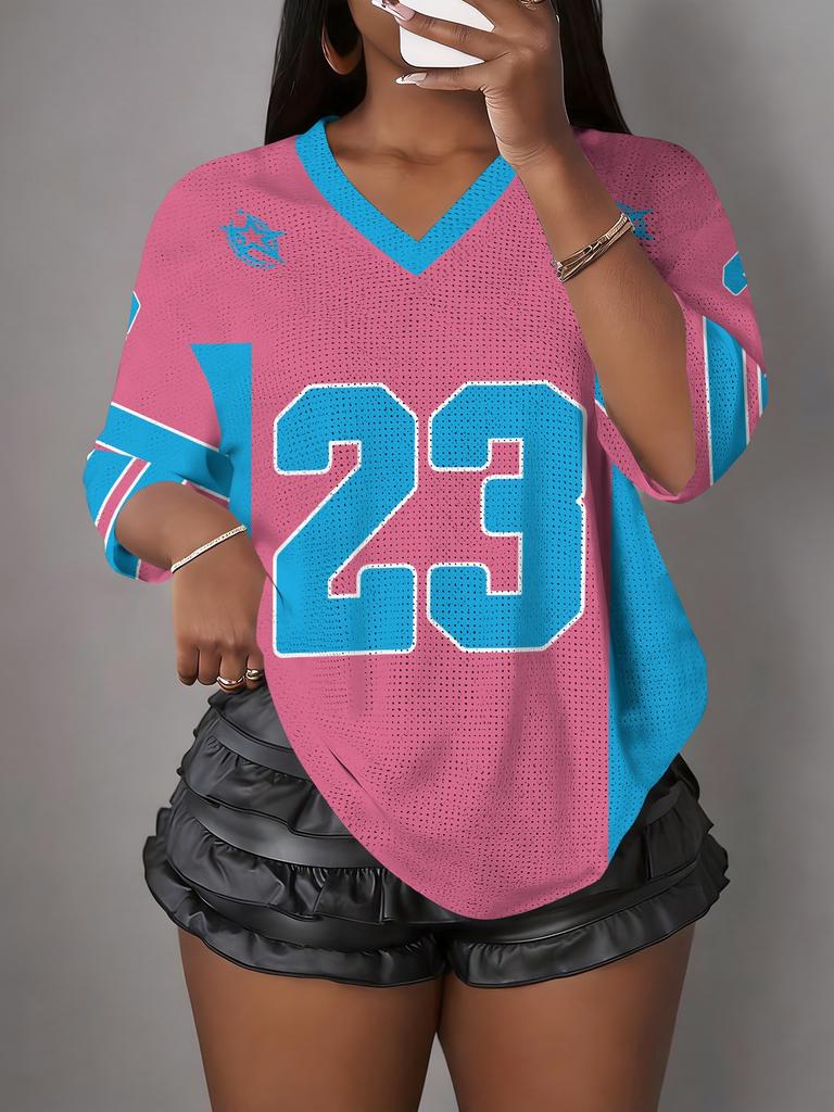 Damen NO.23 Print V-Ausschnitt Kurzarm T-Shirt Sommer Grafik T-Shirt Baseball Trikots Große Größen Sport T-Shirt