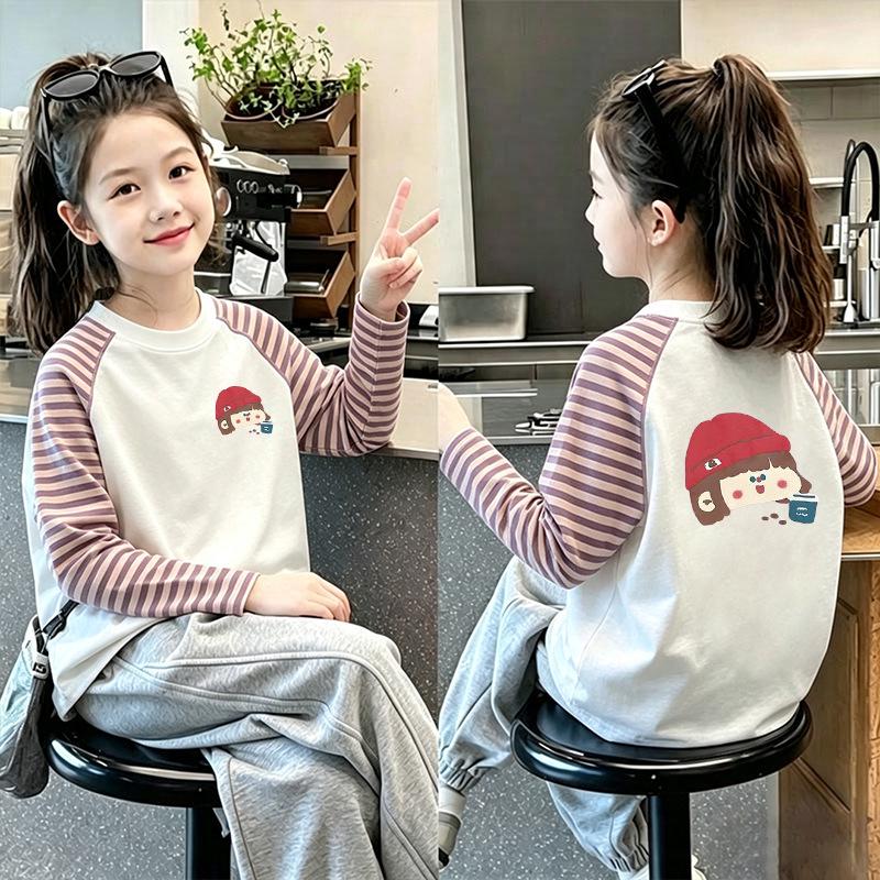 Girls' Patchwork Striped Long-Sleeve Cartoon Top - Spring/Autumn Round Neck Casual Shirt