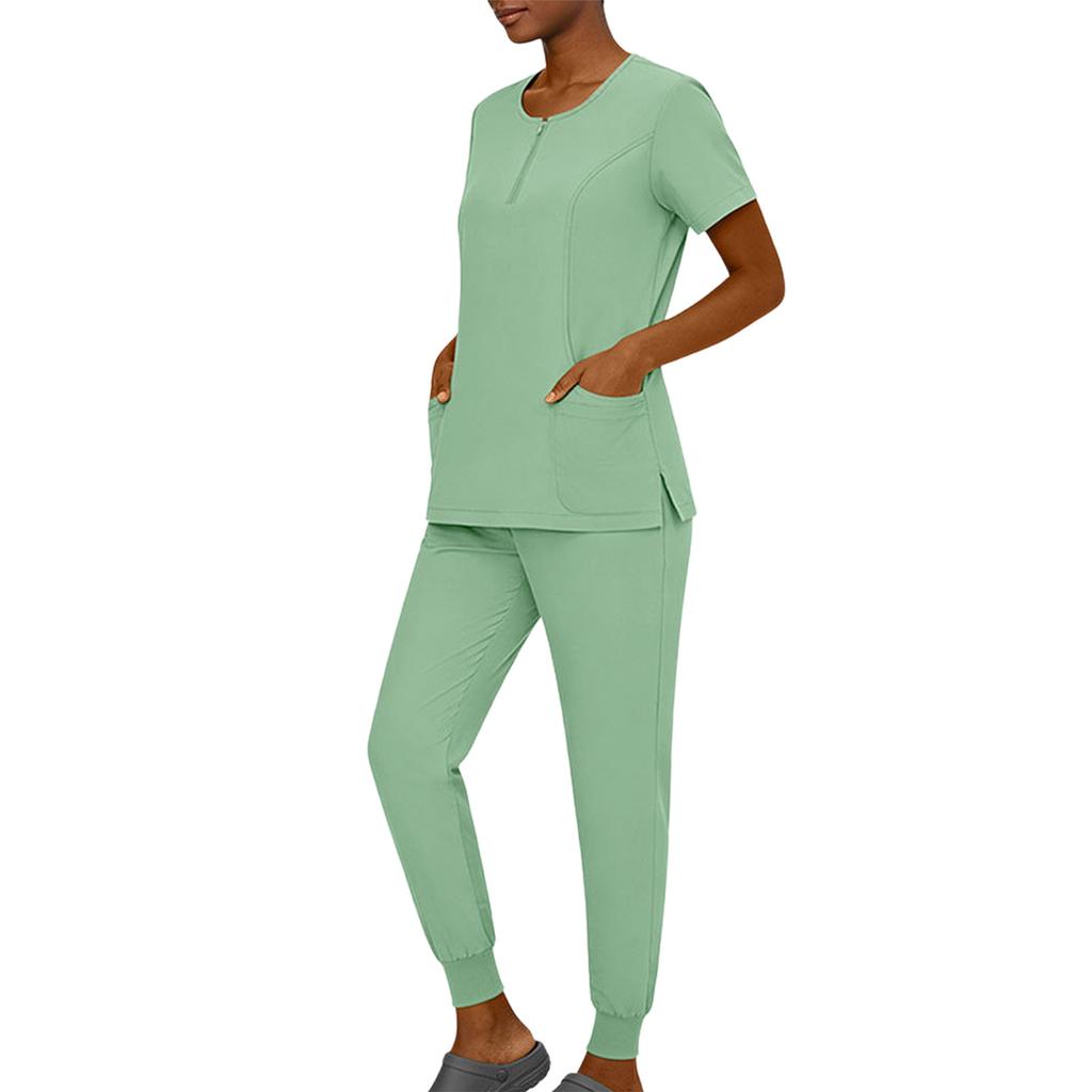 Women's Short Sleeved Color Round Neck Pocket Top Pants Work Clothes Two Piece Set