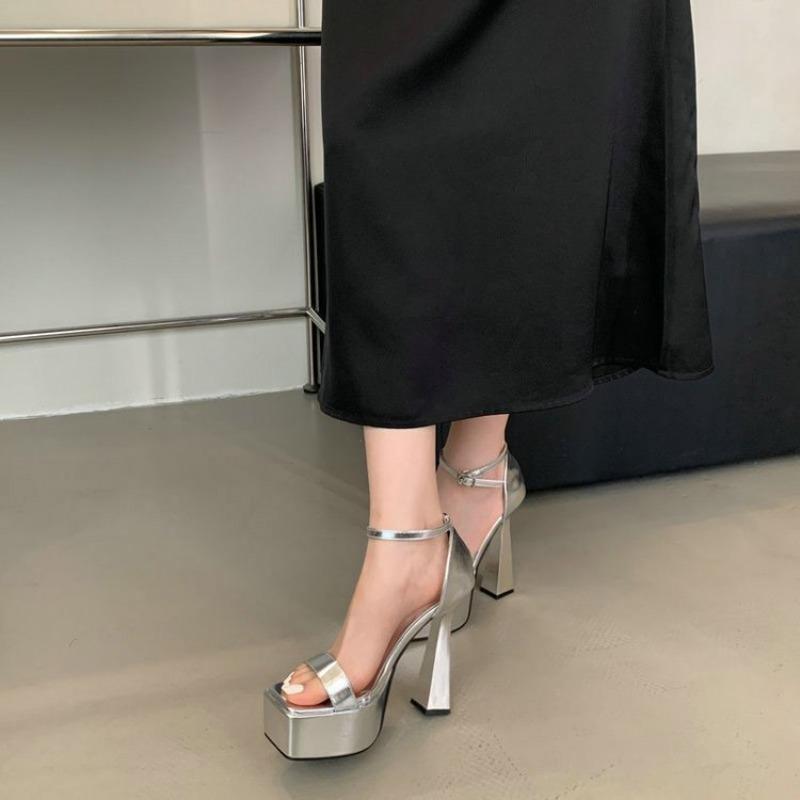 15 cm Fad Square Toe Damen Dicke Ferse High Heels Dicksohlige Europäisch Amerikanisch Offene Zehe Schnallenriemen Damen Super High Heels tacones