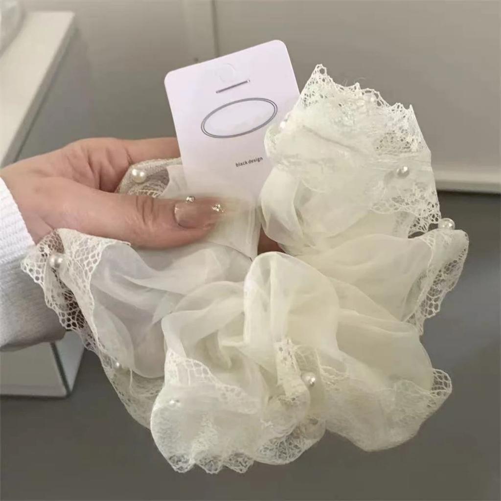 1PC Korean- tyle Dongdaemun-Inspired Lace and Pearl White Sheer Chunky Hair Scrunchie, Sweet and Gentle Hair Accessory for Women