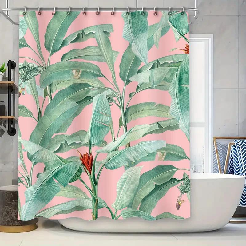 Tonnika Chen Green/Pink Tropical Leaves Shower Curtain Bath Rug Design Polyester Waterproof Bathroom Decor