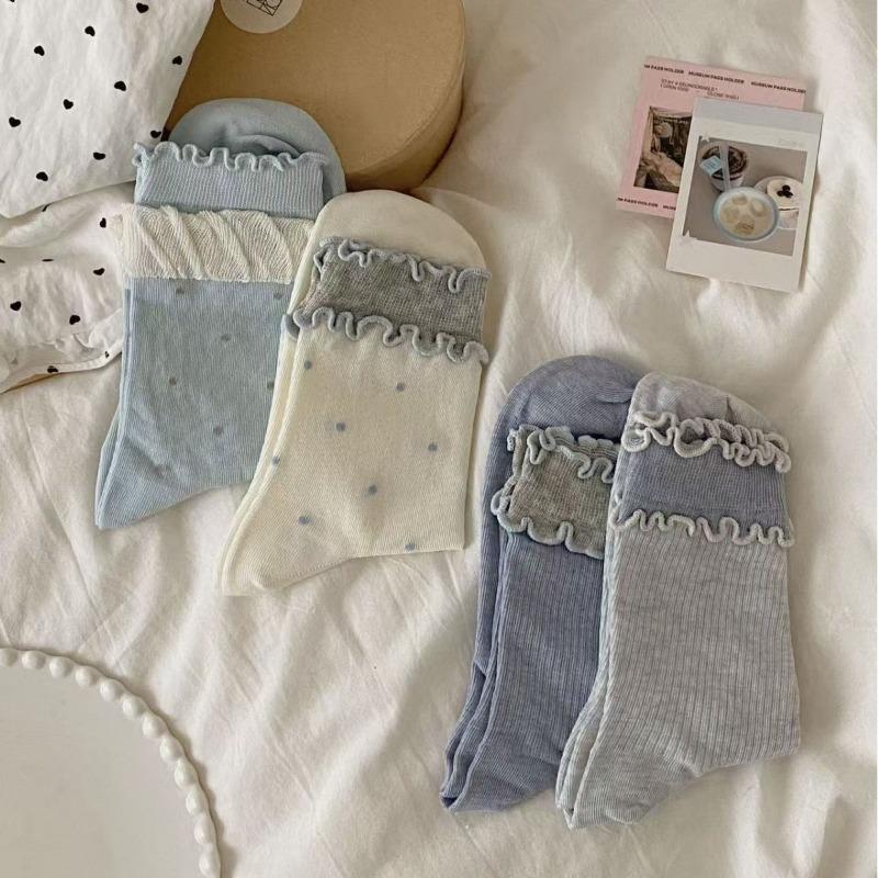 Ladies Spring and Summer Small Fresh Double Auricular Brim Cotton Anti Pilling Boneless Stockings