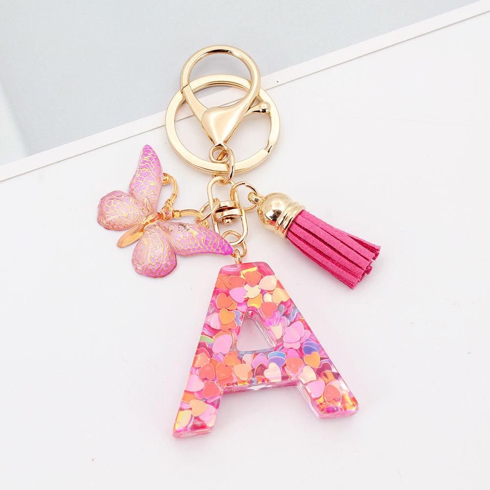 Fashion A-Z Letters Acrylic Keychain for Women Pink Butterfly Tassel Alphabet Car Key Ring Bag Charms Accessories Gift Jewelry