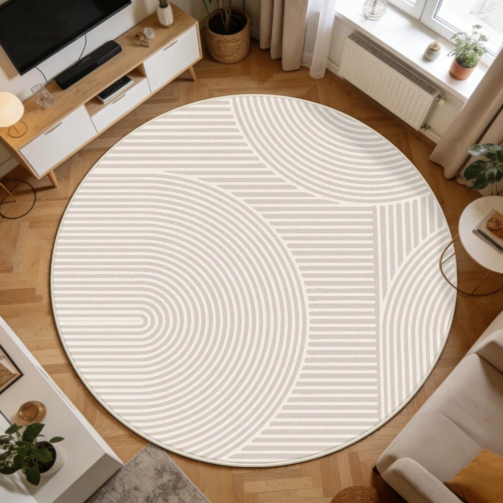 Light Beige Minimalist Lines Living Room Round Rug Decoration Bedroom Office Fluffy Carpet Easy Clean Soft Tables Chairs Mats