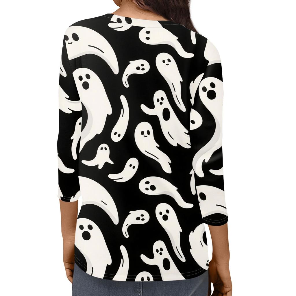 Women's Fashion Casual Three-quarter Sleeve Halloween Printed Round Neck Top