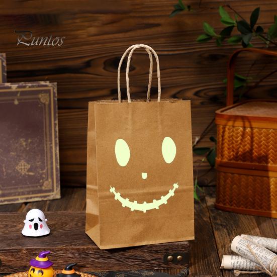 Decorative Party Supplies Halloween Candy Bags with Luminous Pumpkin Ghost Prints, Thickened Reusable Paper Treat Container Gift Bags, Trick or Favors