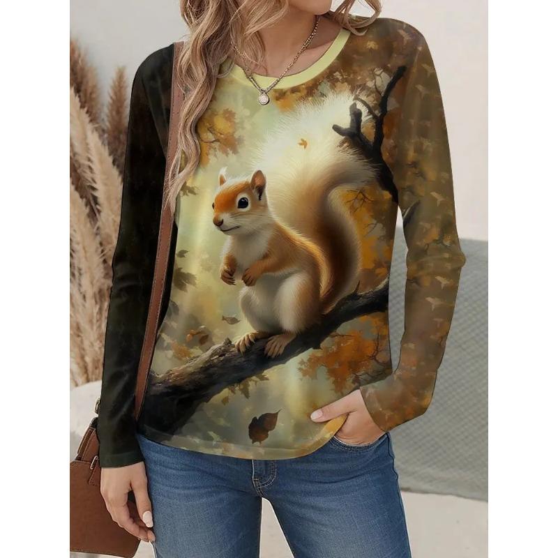 Autumn Women's 3D Squirrel Print Crew Neck T-Shirt