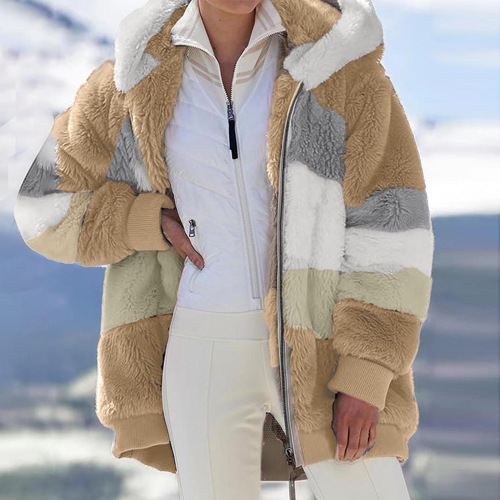 Manteau à capuche pour femmes, mode épissage, ample, peluche, manches longues, fermeture éclair, poche, hiver