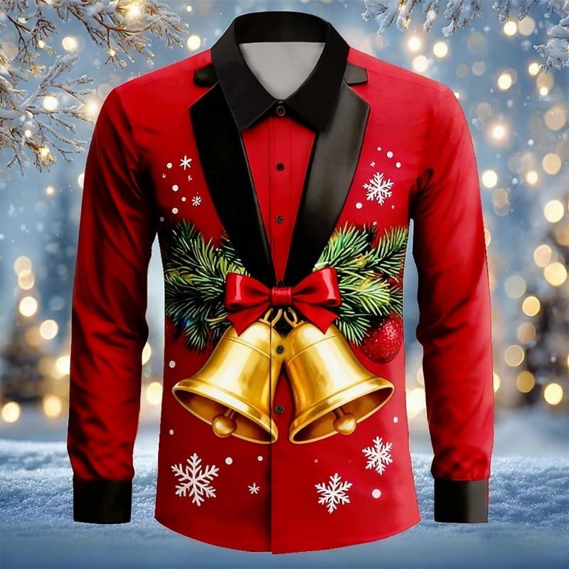 Christmas Men's 3D Fake Suit Christmas Reindeer Pattern Festive Atmosphere Lapel Long Sleeve Shirt Casual Slim Shirt