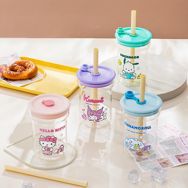 For Sanrio Collaboration Straw Cup High Borosilicate Glass Cup with Lid Cartoon HelloKitty Water Cup Home Juice Mup for Kids