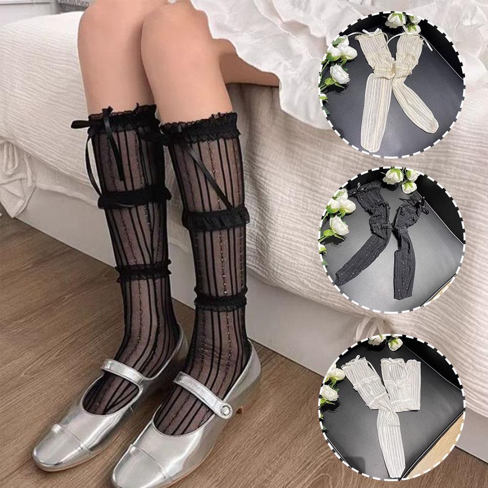 Ballet Middle Tube Socks Ballet Style Socks Women Summer Sweet Lace Ribbon Bowknot Socks Thigh High Socks Black White Socks