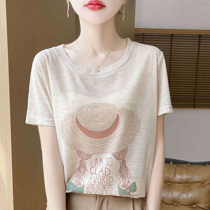 Spring and Summer Round Neck Knitted Short Sleeve T-shirt Women's Printed Loose Bottoming Top