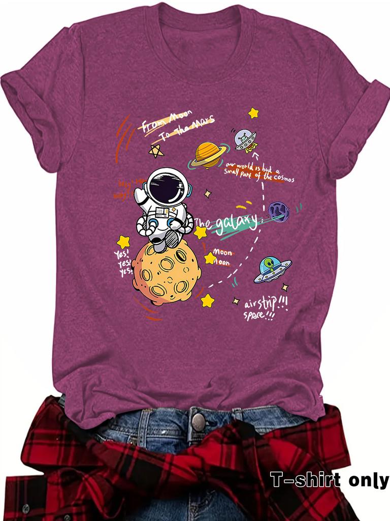 Damen T-Shirt mit Astronauten-Print Kurzarm Lockeres Mode-T-Shirt
