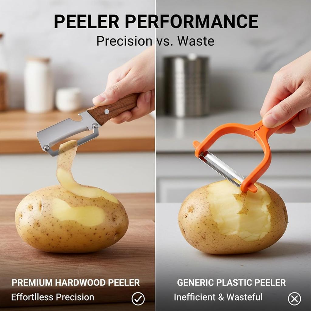 Multifunctional Vegetable Peeler with Wooden Handle and Bottle Opener, 2-in-1 Stainless Steel Blade, Camping, Apple Potato Pumpkin Papaya Peeling