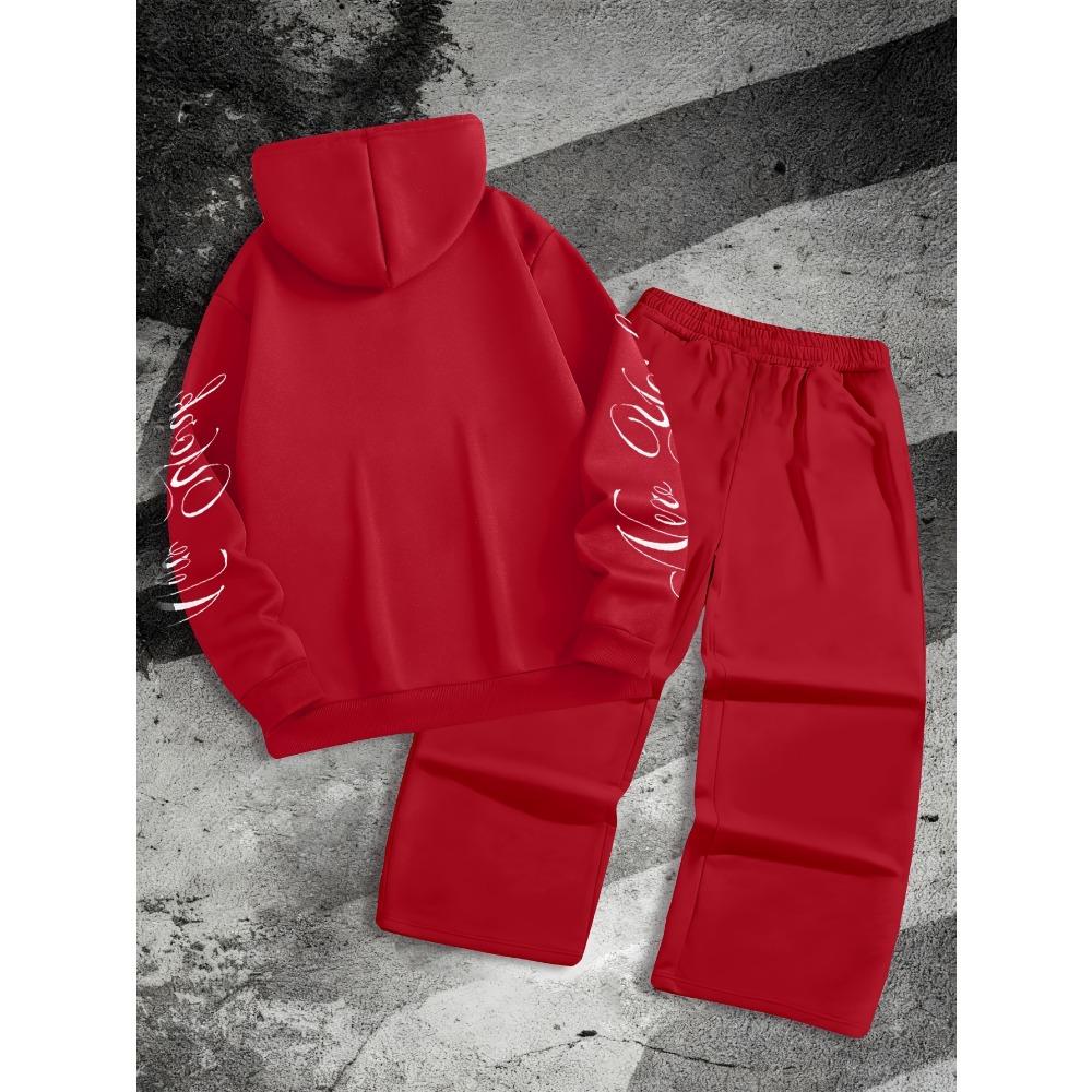 Men's Autumn and Winter Sports Shirt Set, Classic Letter Pattern Print, Drawstring Hooded Sports Shirt and Drawstring Casual Sports Pants