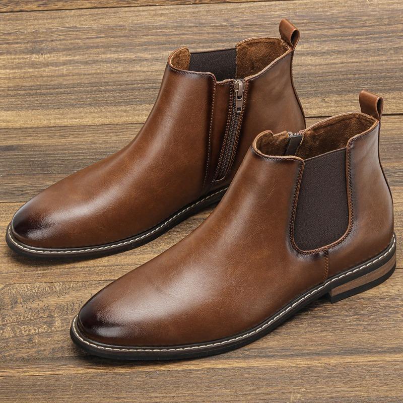 Men Chelsea Boots Handmade Ankle Boots Zipper High Top Casual Shoes Platform Soft Leather Men Shoes Retro Business Men Boot