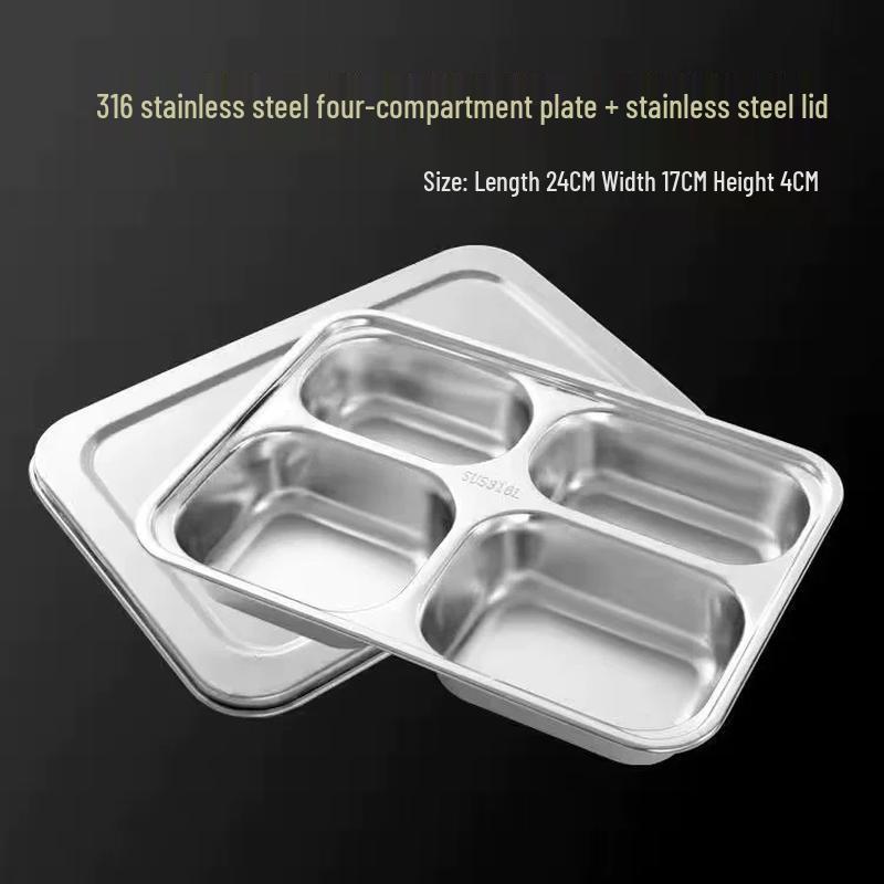 HANDUNYOU 316 Stainless Steel Deep Four-Compartment Lunch Tray with Lid