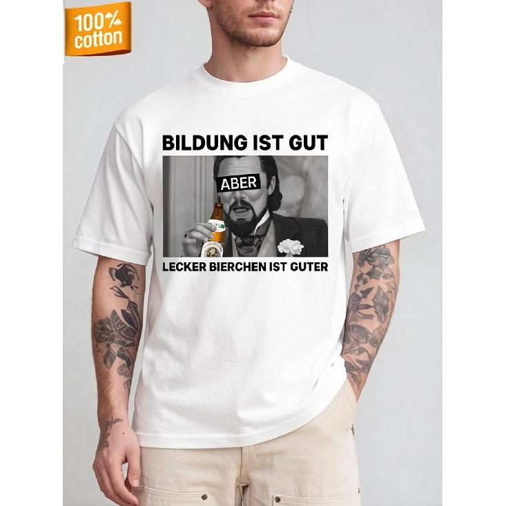 1pc Text Print Short-Sleeve Shirt - 'BILDUNG IST GUT X Lecker Bierchen' Beer Round Neck Casual Blouse Suitable for All-Season Wear, Machine Washable