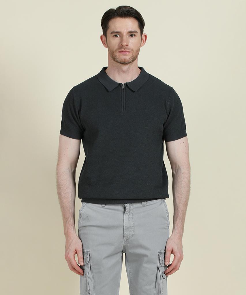 PANICALE Charcoal Short-Sleeve Zip-Up Polo Knit