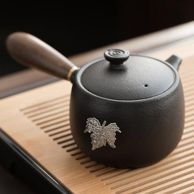 Black Pottery With Tin Inlaid Side Handle Pot Vintage Ceramic Kung Fu Tea Set Tea Pot Porcelain Teapot Clay Teeware Teware Puer