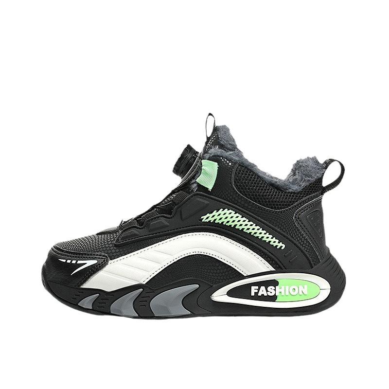 Children's Two Cotton Shoes Boys' New Winter Velvet Warm Rotating Buckle Sports Shoes Boys Training Basketball Shoes