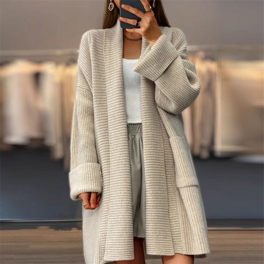 Tooxika Новый женский утолщенный средней длины однотонный вязаный кардиган свободный карман свитер куртка S