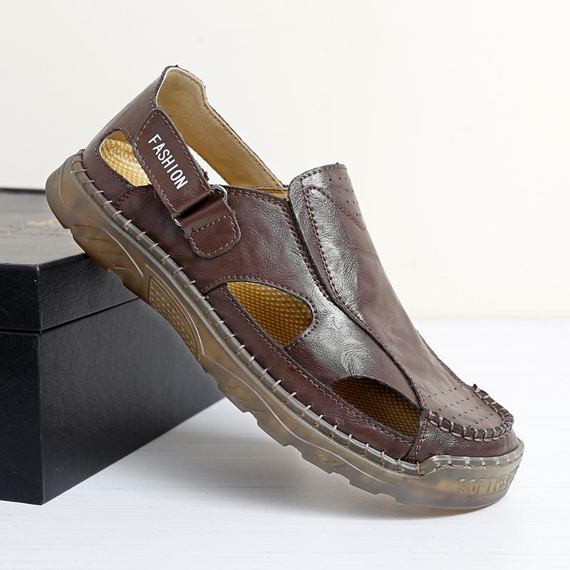 

Fashion Retro Style Men Leather Sandals Comfortable Summer Soft Hollow Out Loafers Handmade Casual Flats Stylish Beach Vacation Sandals 38 коричневый