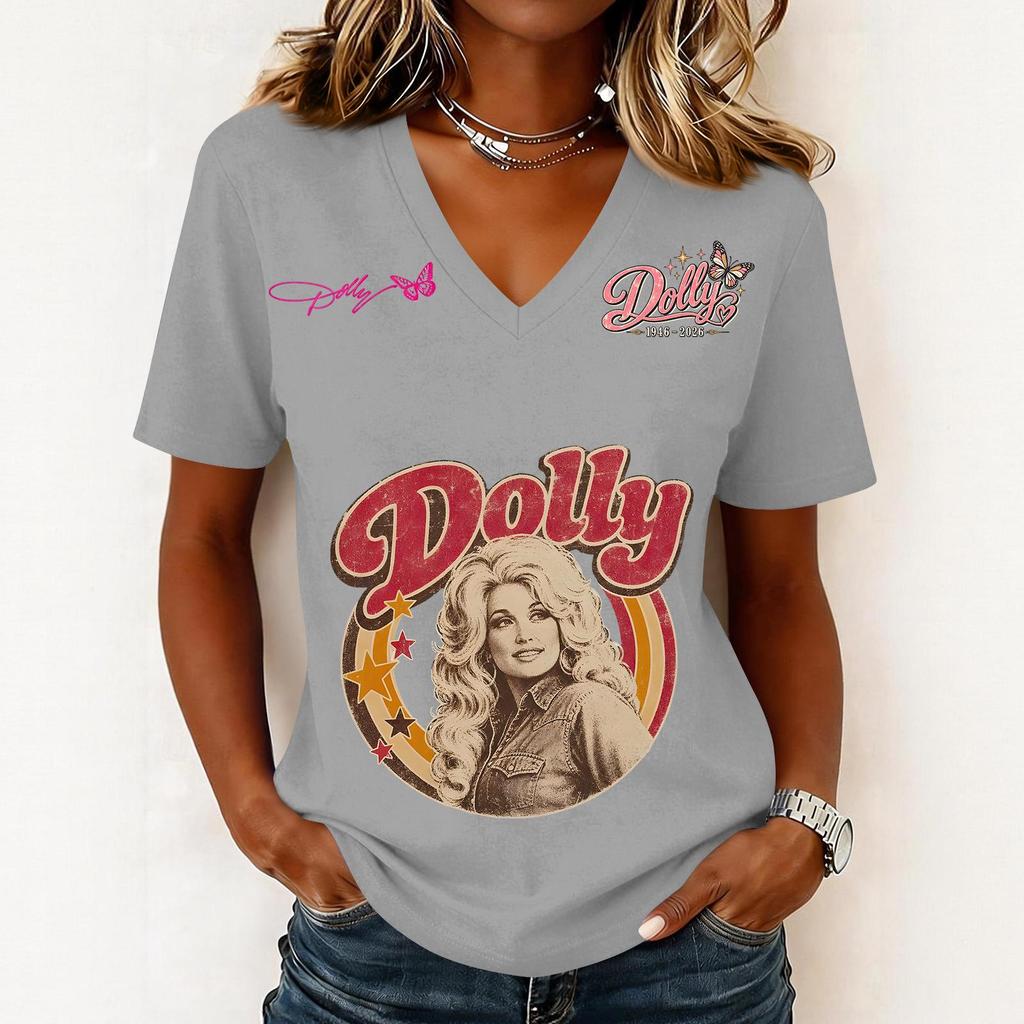 Women's Fashion Casual Letter Print V-Neck Short Sleeve Pullover Top
