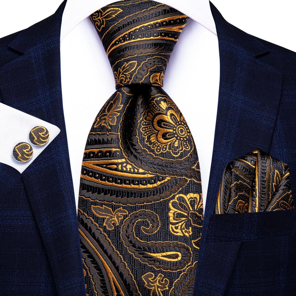 Hi-Tie Dunkelgoldenes Paisleymuster, Jacquard-Krawatte aus Seide für Herren, klassische Krawatte, Manschettenknöpfe, Taschentuch-Set