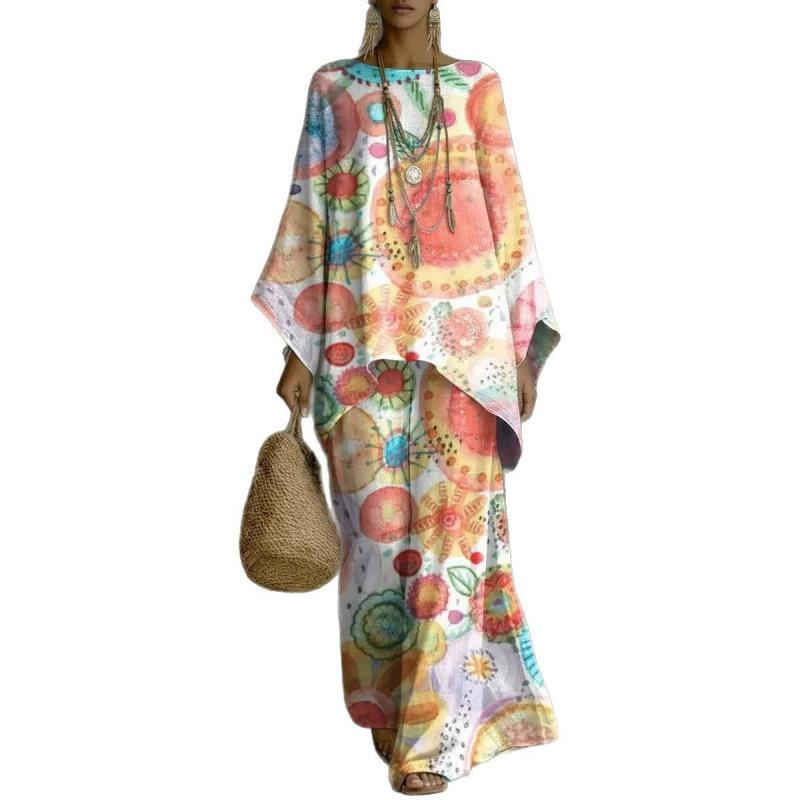 European and American retro bohemian suit exotic 1D printed loose top wide-leg pants temperament casual two-piece set